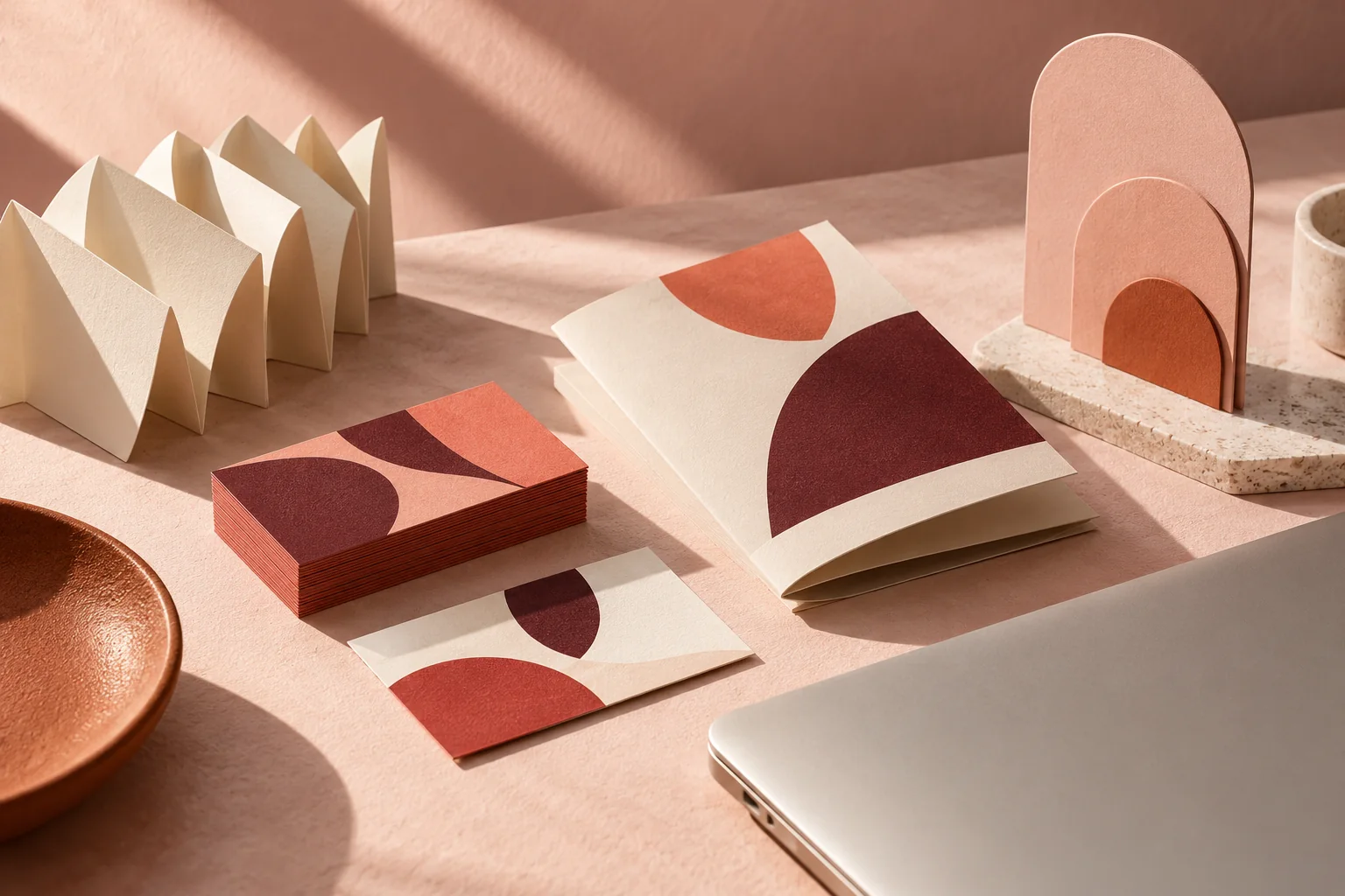 Illustrative creative studio still life with textured print materials in coral, cream and burgundy